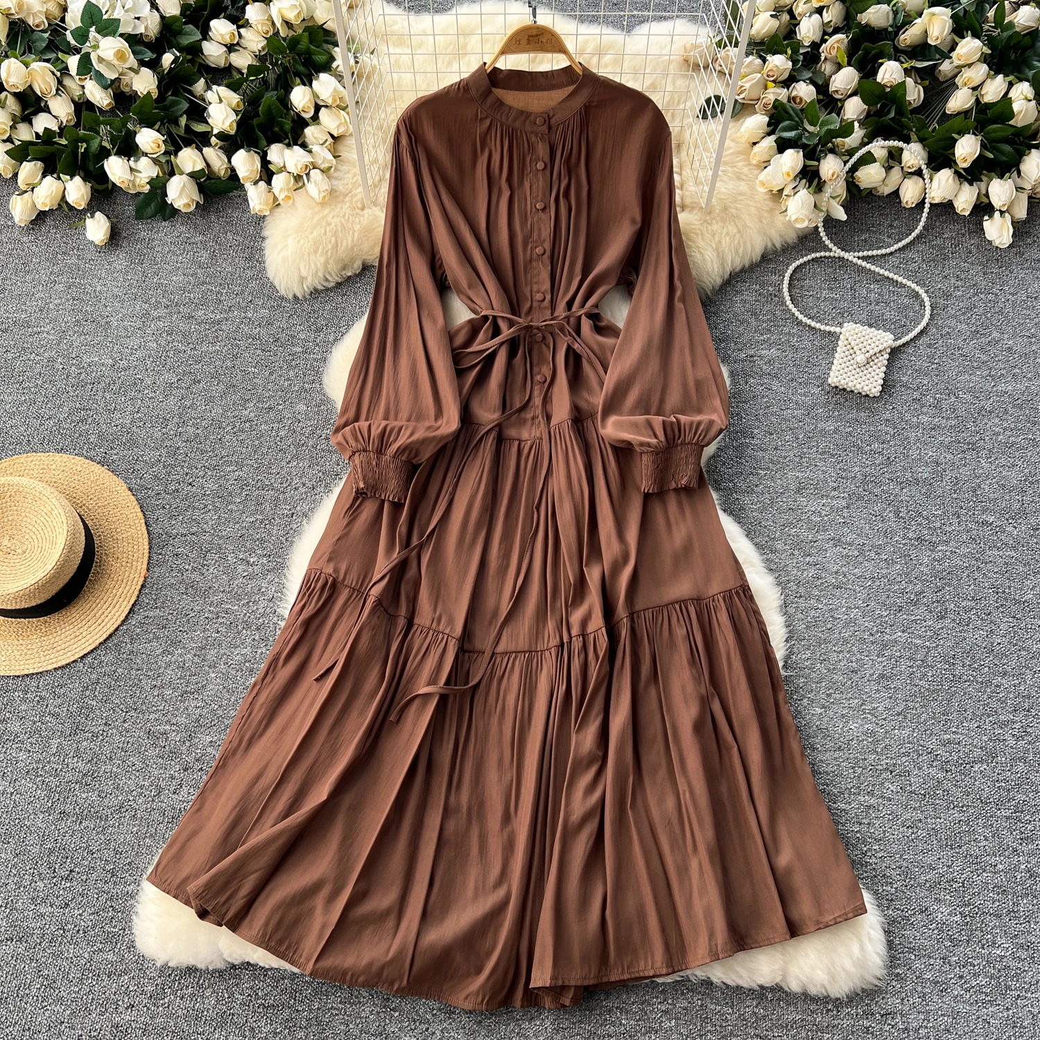 Retro Single Breasted loose Elegant Dress A-line o Neck lool sleeve Beach Vacation Dress Women Korean Fashion Summer Vestidos