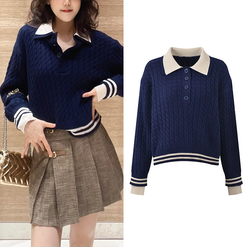 

Высококачественная версия, ранняя осень, новый женский вязаный свитер для колледжа, витой цветочный воротник, цветной трикотаж, топ