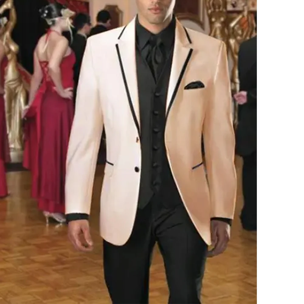 

Champagne Satin Wedding Men Suits Slim Fit 3 Piece High Quality Vintage Tuxedo Custom Groom Prom Suit Traje De Hombre Elegante