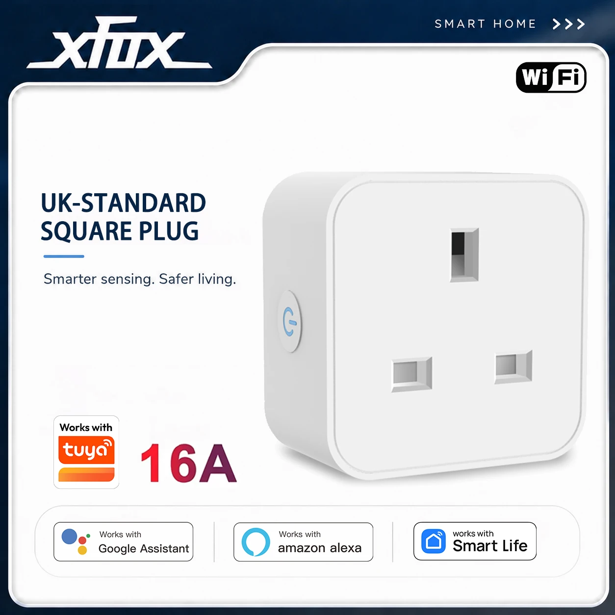 Xfox Tuya UK-Standard Smart Square Plug16A supports voice control and remote control, compatible with Google Assistant and Alexa