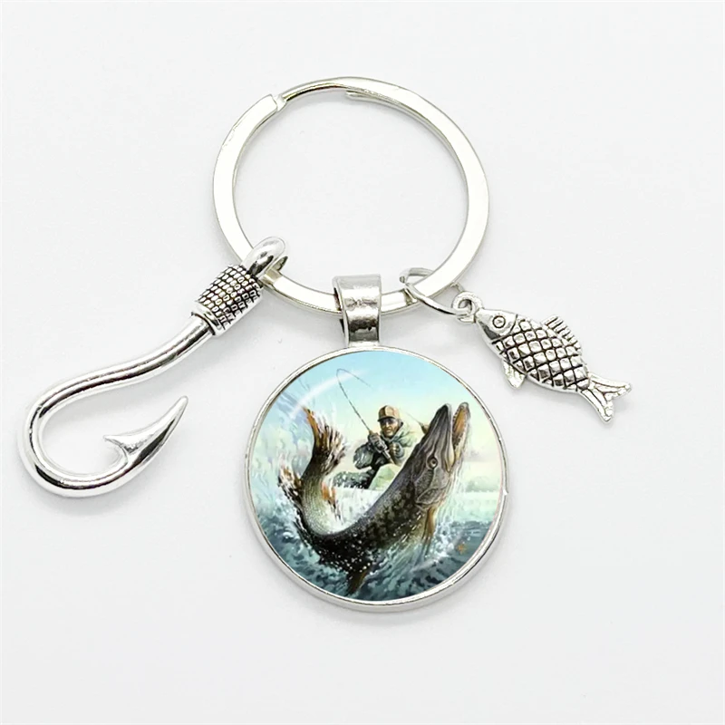 Fashion Fishing Master Keychain Fish Hook Keychain Glass Dome Keychain Fisherman I Love Fishing Fish Pendant Gift