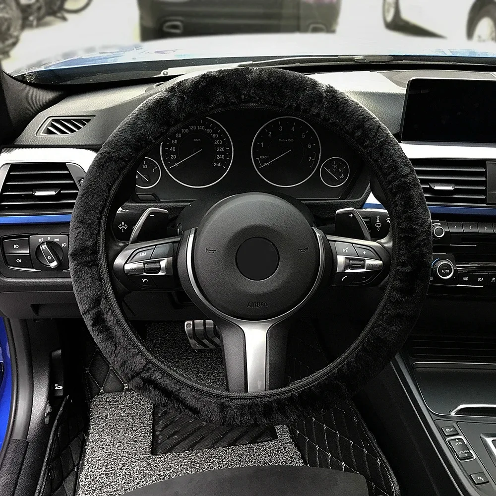 Premium Soft Short Fur Car Steering Wheel Cover High-density Warm Plush Winter Steering Wheel Protector Cover 38cm Accessories