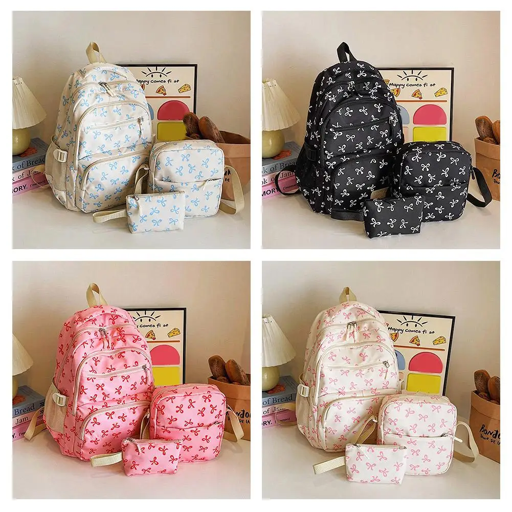 3Pcs/Set Fashion Large Capacity Bow Backpack Bow Print Nylon School Bag Set Adjustable Versatile Backpack For Leisure Travel