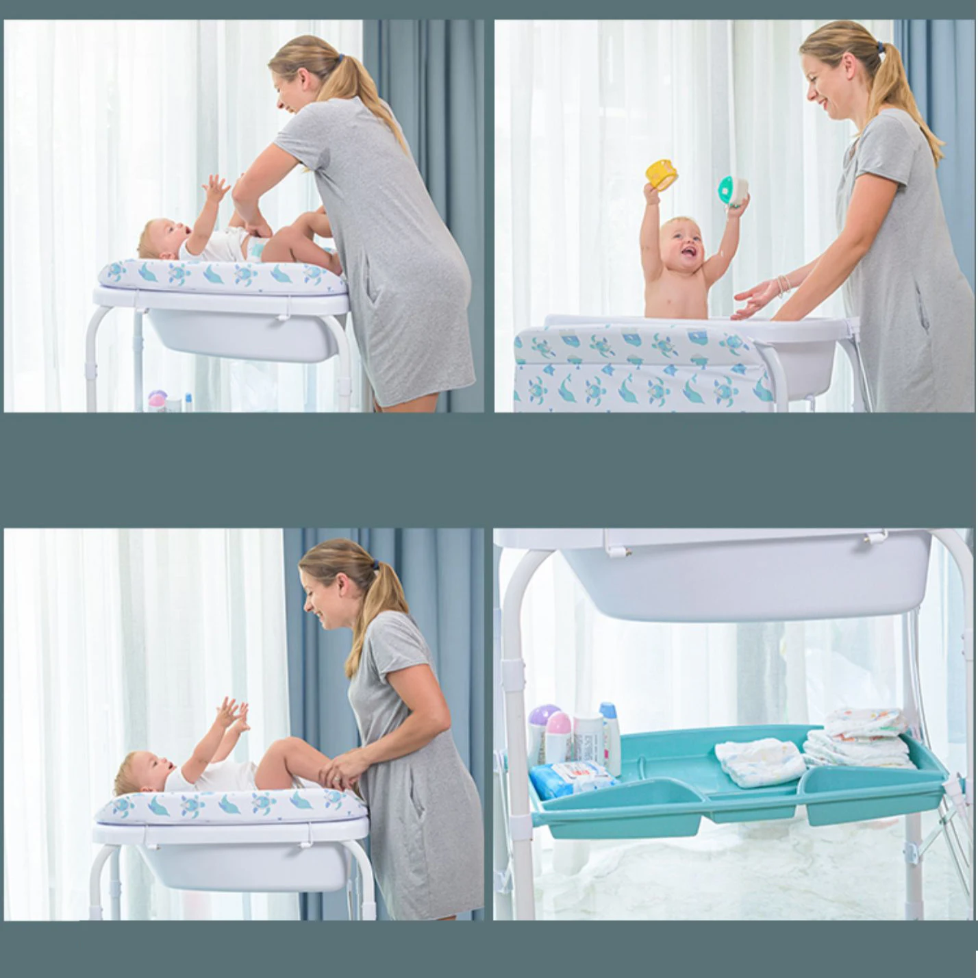 2 in 1 Baby Diaper Changing Table With Wheels, Nursery Station & Bathtub & Bath Bed, 2 Color For Available