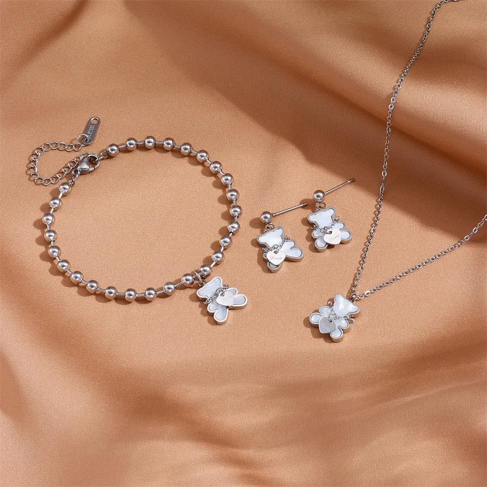LOVE Golden Bear Necklace Earnail Set Women\'s Necklace Stainless Steel Jewelry Accessories Free Delivery to Your Door