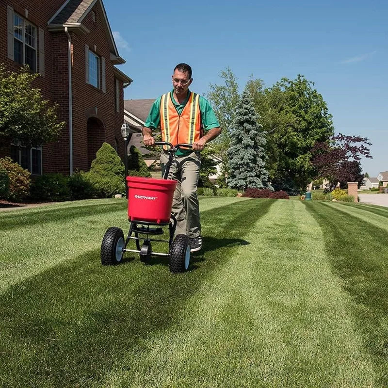 EarthWay 2150 50 LB (22 KG) Commercial Broadcast Fertilizer Spreader. Red, Heavy-Duty Walk-Behind Push Garden Seeder