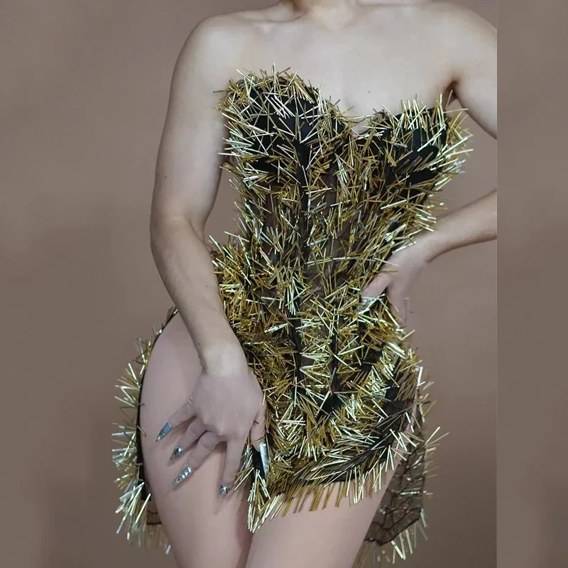 Drag Queen Costumes Gold Birthday Dress Women Party Evening Dresses Rave Outfit Nightclub Dj Ds Pole Dance outfit