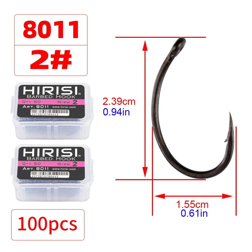 Hirisi 50/100 Stück PTFE-beschichtete Karpfenangelhaken aus Stahl mit Widerhaken in Box 8011 Angelzubehör