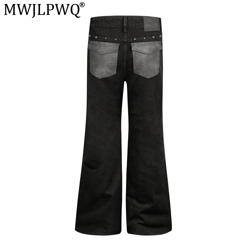 MWJLPWQ Men's Bell-Bottom PU Leather Pants Hippie Vibe Studded Design Back Pocket Loose Casual Male Autumn Denim Trousers 20950