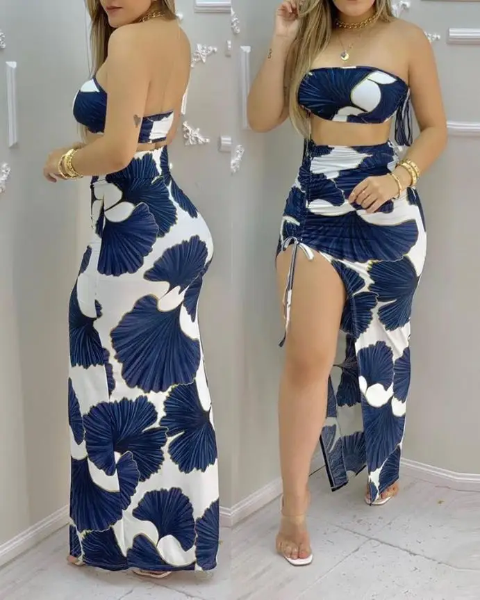 Elegant Two-Piece Women\'s Summer Dress Set with Ginkgo Print Strapless Short Top and Drawstring High Slit Casual Long Dress Set