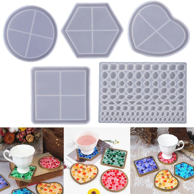 5PC/Set DIY Epoxy Resin Coaster Silicone Mold Heart Hexagon Round Square Irregular Mosaic Coaster Mold Decoration Crafts