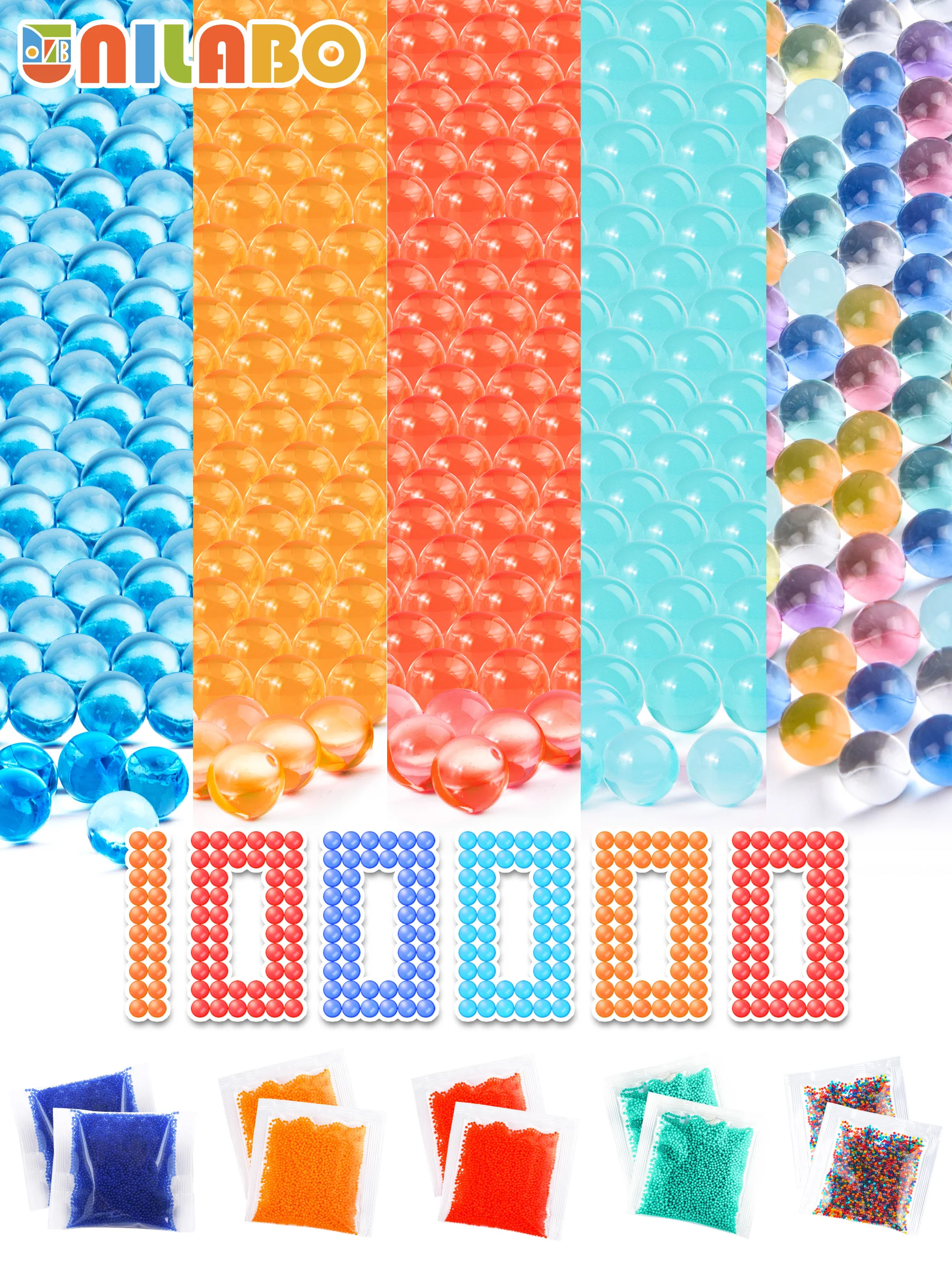 Unilabo 100000 Recambio de bolas de gel Blaster, rondas Splat Orby (7-8 mm, 10 paquetes), 5 colores (2 unidades/colores), a base de agua para mayores de 14 años