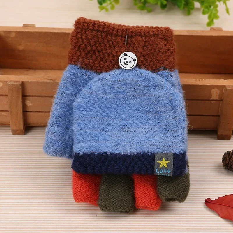 7-15 Years Old Autumn and Winter Cute Children's Woolen Gloves Student Thickened Warm Gloves Knitted Half Finger Flap Gloves