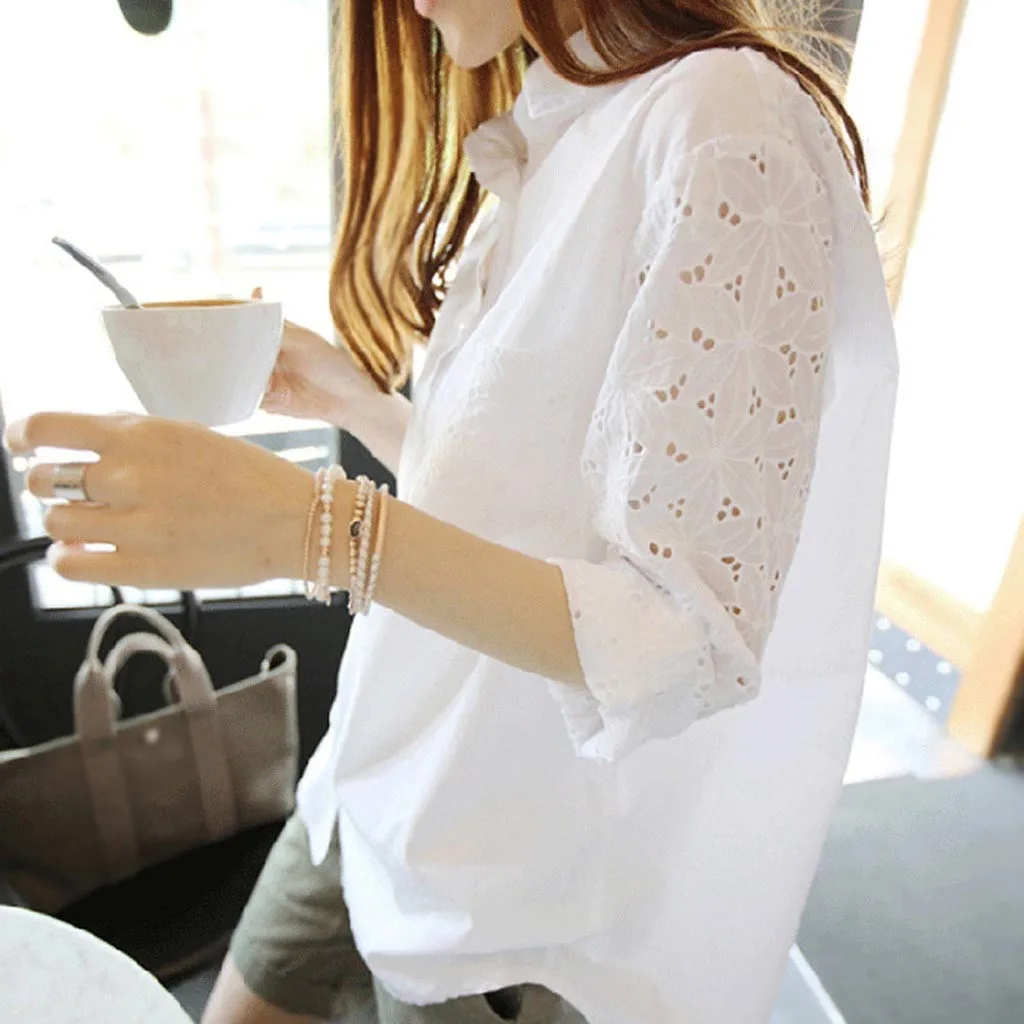 Fashion Women Business Embroidered Blouse 2024 Summer New Causal Solid Lapel Single-breasted Long Sleeve Hollow Out Shirt White