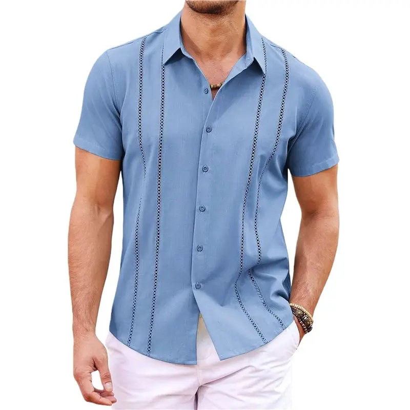 ABRT-Camisa Guayabera para hombre, camisas de manga corta con botones, camisas informales de lino para playa y verano
