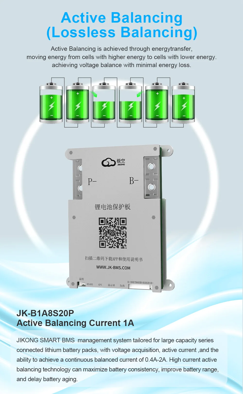 JIKONG BMS B1A8S20P Smart BMS 4S 5S 6S 7S 8S 12V 24V Batterie 200Ah mit 1A Aktivem Balancer für LifePO4 LTO LI-ION Batterie BMS – Detail 4