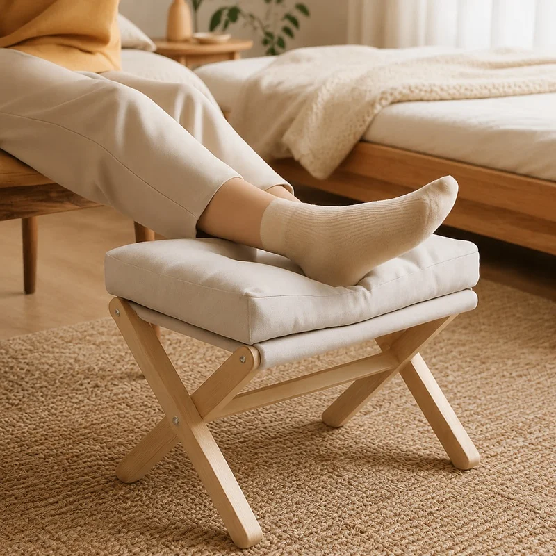 Compact Wooden Folding Footrest Stool with Plush Cotton Pad for Living Room and Hallway Use