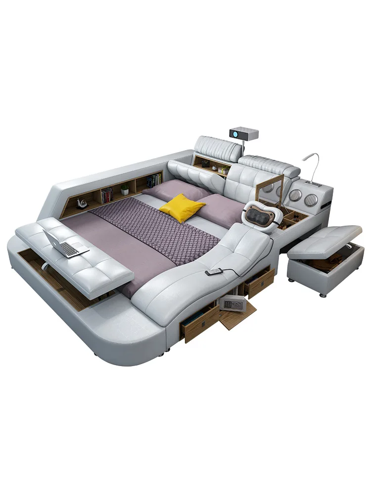 Modern Smart Leather Bed with Built-in Projector & Storage, Multi-functional King Size Platform Bed for Bedroom, Light Luxury