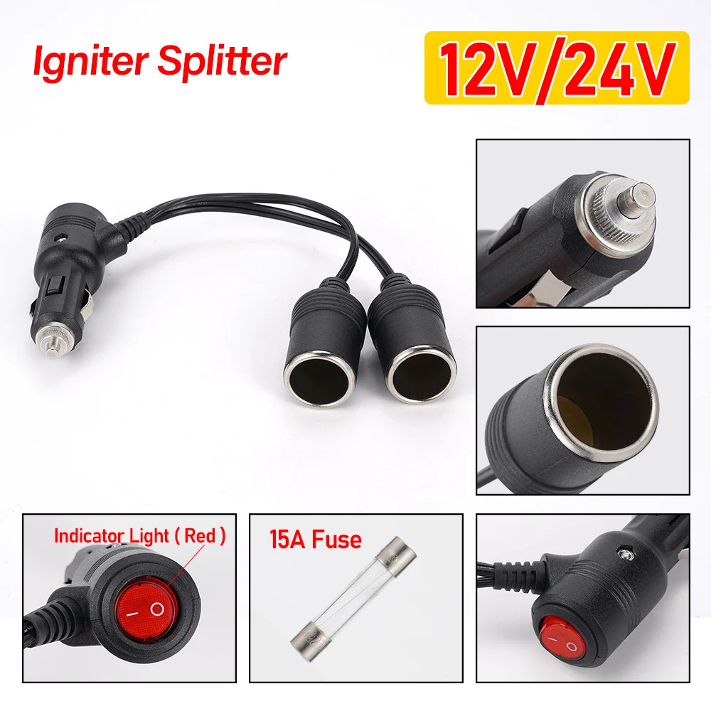 

12V/24V Car Cigarette Lighter Splitter 1 Male To 2 Female Y Splitter Socket Plug Power Adapter Connector High Power 18AWG Cable