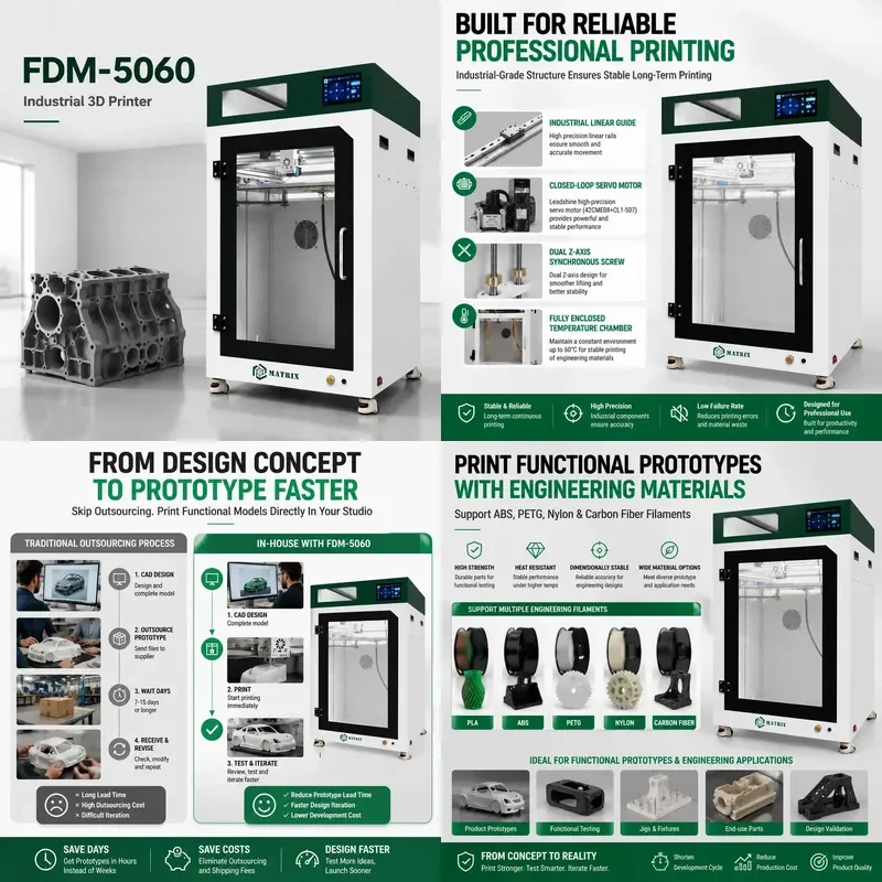 High Speed Industrial Grade FDM 3D Printer with Auto Leveling for Rapid Prototyping Product Design and Engineering Model