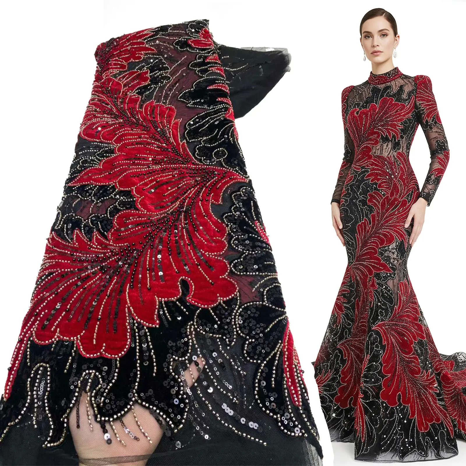 

African Beaded Velvet Lace Fabric 2026 High-Quality Nigerian Tulle Sequined Lace Fabric Ideal for Party and Evening Gown Sewing