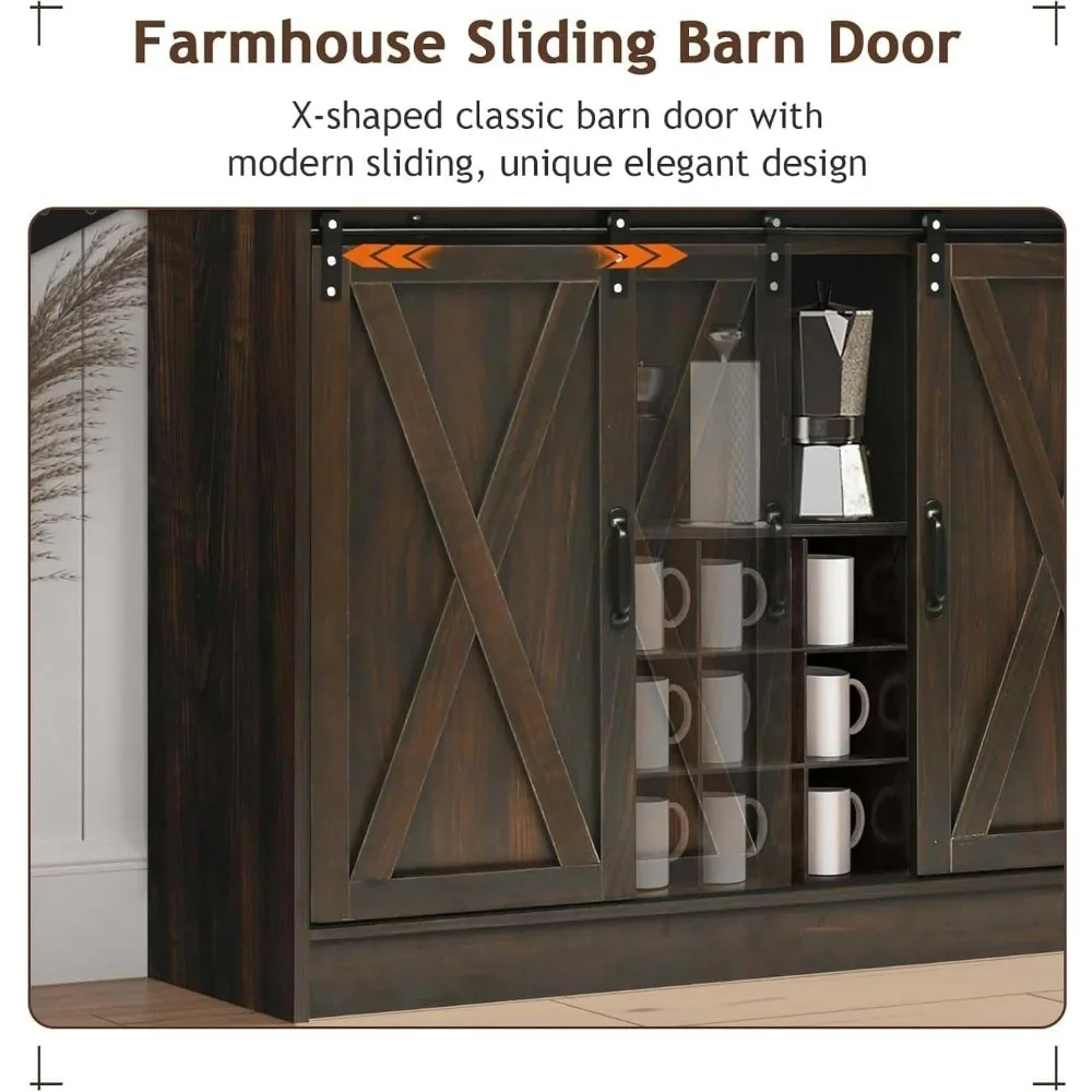 Mobile da bar con 4 ganci per tazze, wine bar da 72 pollici con gabbia e 2 ante scorrevoli da fienile, caffè alto