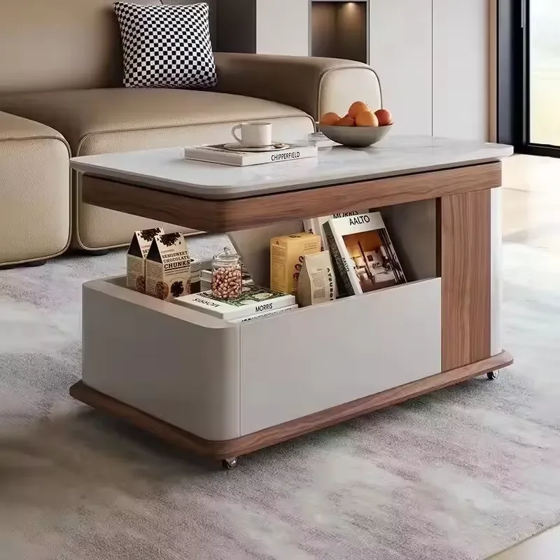 Modern Durable Oak Coffee Table Cabinet Set with Marble Top Wheels Creative Lifting for Living Room Bedroom