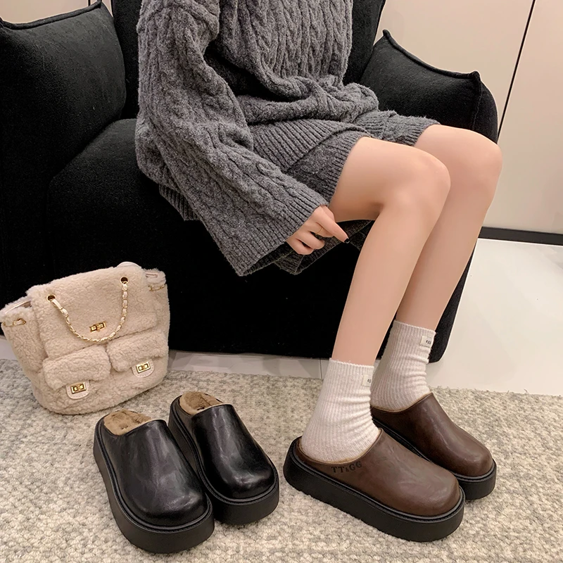 

Women's Platform Mule Slippers New Autumn Winter Fleece-Lined - Versatile Lazy Style Backless Cotton Shoes with Height Increase