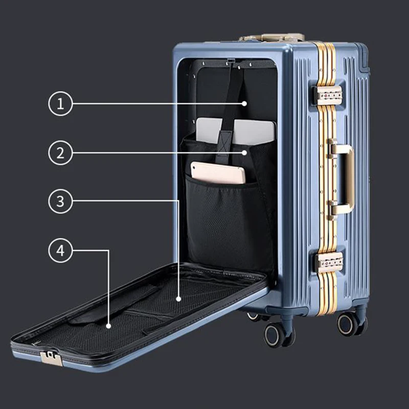 Senior Wide Pull Rod Suitcase Front Opening Travel Multifunctional Business Luggage New Computer Case Bag Boarding Box Trunk