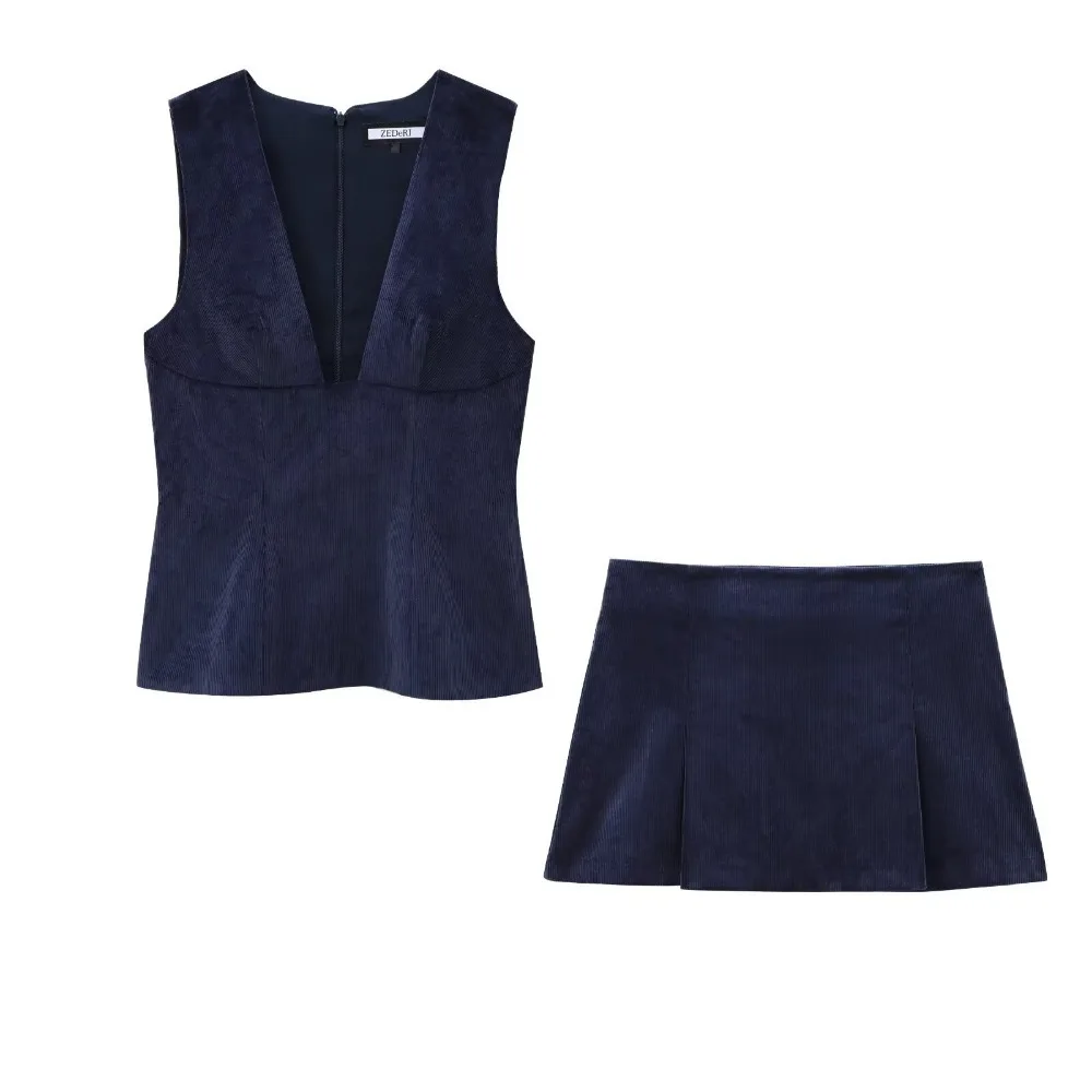 

Женский вельветовый жилет с мини-юбкой, ретро-джемпер с V-образным вырезом, без рукавов, молния сзади, однотонный топ, высокая талия, облегающий плиссированная юбка А-силуэта, комплект на весну и лето