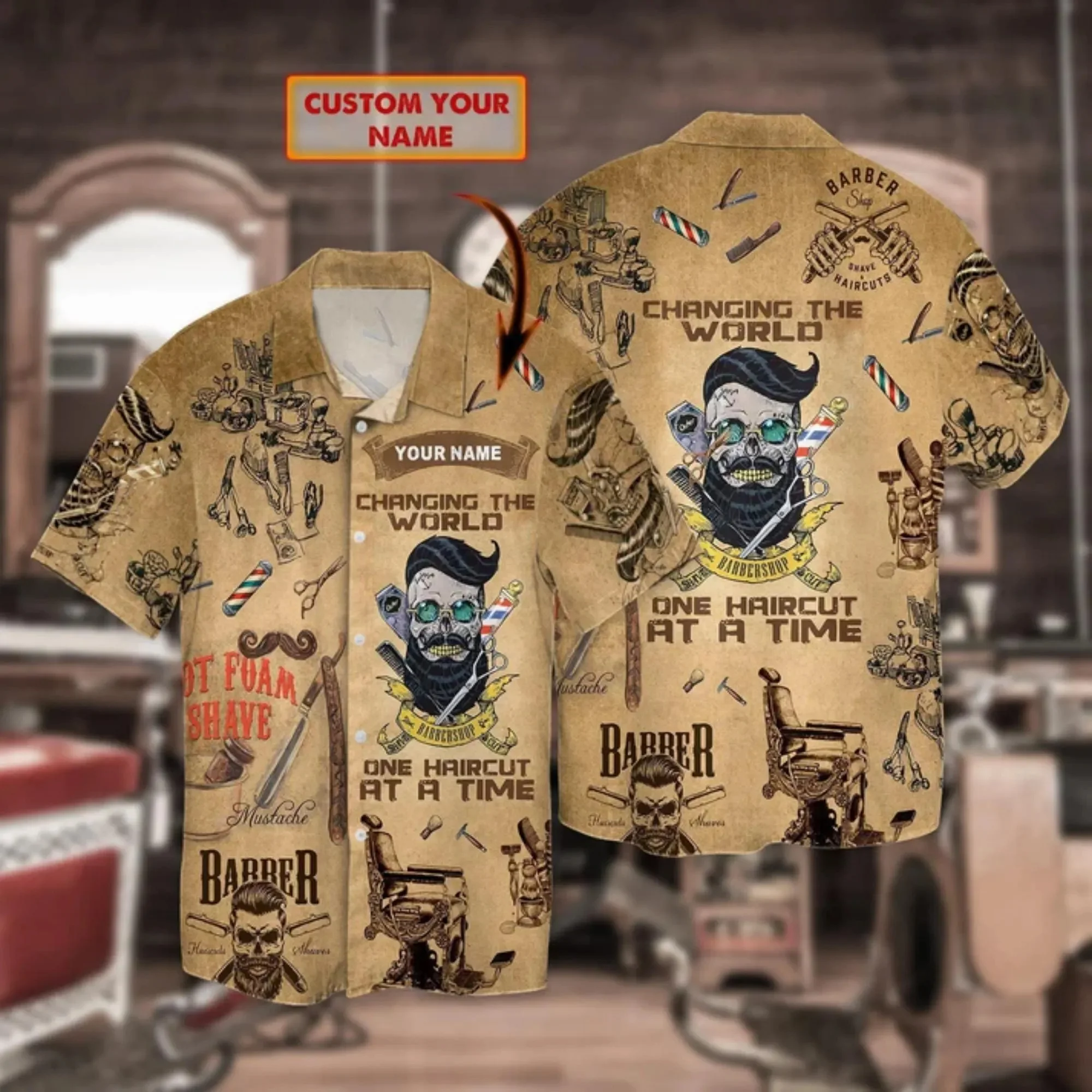 Custom Name Barber Hawaiian Shirt Vintage Barber Shop Skull Floral Aloha Shirt Barbers Hairstylists Tropical Beach Shirts