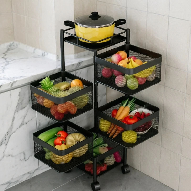 Kitchen Square Shelf with Wheel Storage Rack Kitchen Storage Rotatable Shelf 3 4 5 Layer Rotating Practical Trolley