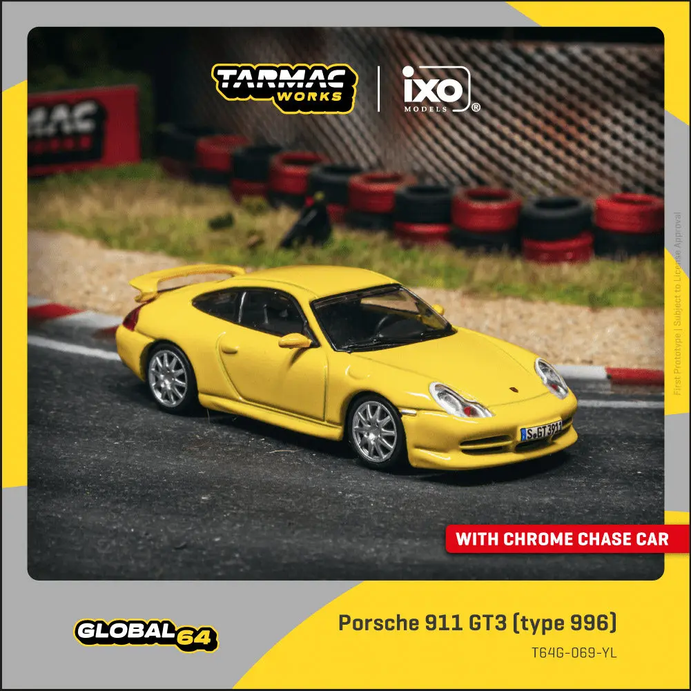 In Stock TW 1:64 Porsche 911 GT3 Type 996 Yellow Diecast Car Model Collection Toys Tarmac Works