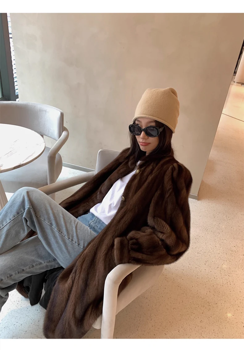 Lautaro Winter Long Brown Thick Warm Soft Faux Mink Fur Coat Women Puff Sleeve Elegant Luxury Chic Fluffy Furry Overcoat 2023