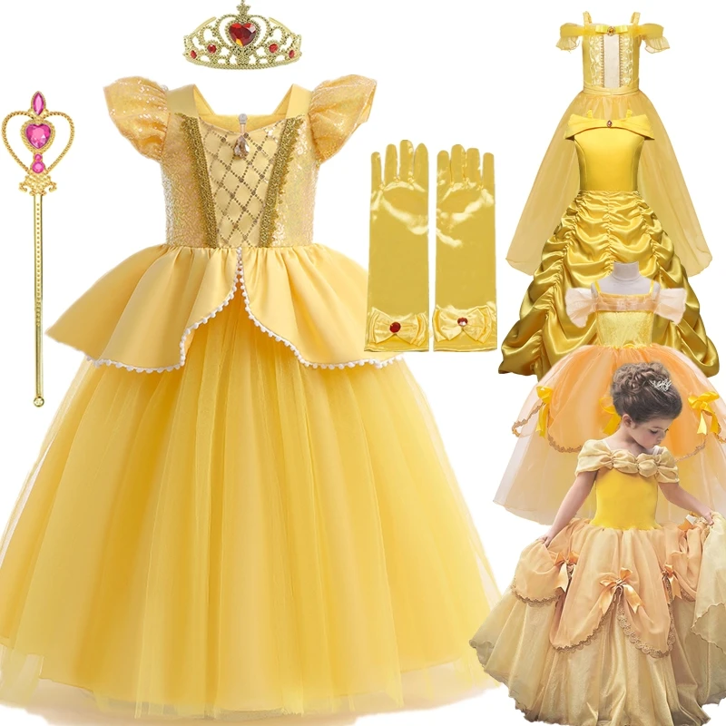 Beauty Beast Belle Princess Dress for Girl Birthday Party Dress Up Cinderella Rapunzel Cosplay Performance Kid Halloween Costume