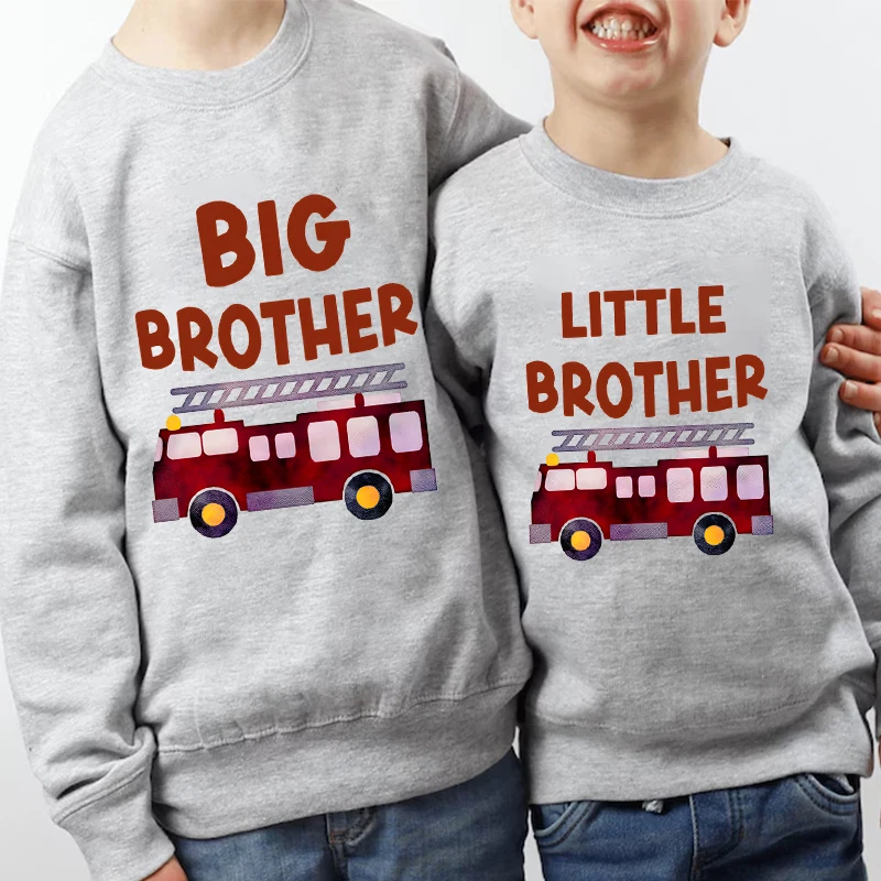 Cartoon Fire Engine Print Sweatshirt Big Brother Little Brother Pullover Funny Truck Lover Long Sleeve Sibling Boys Y2K Sudadera