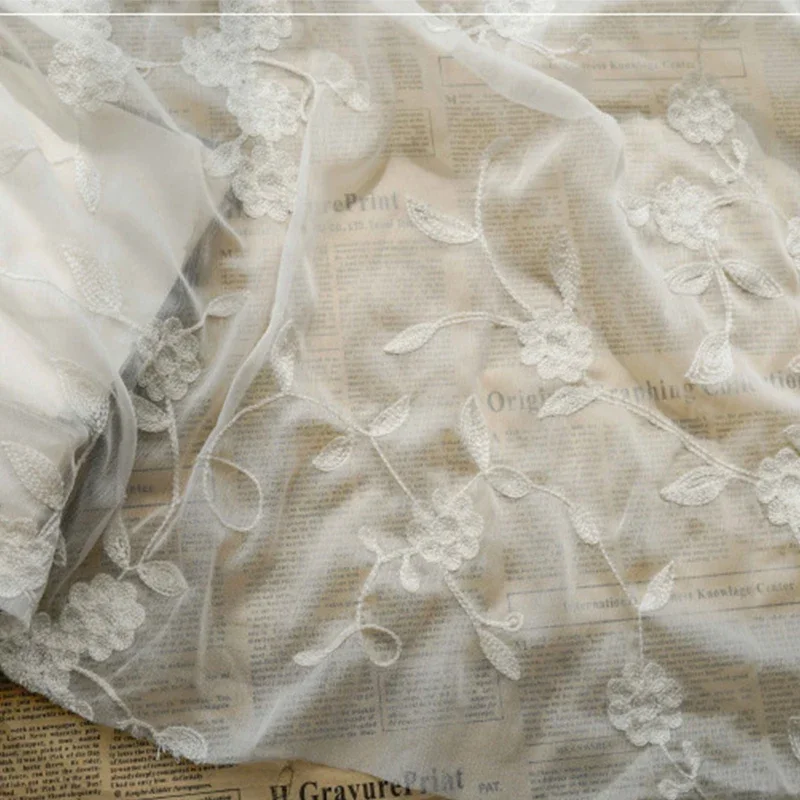 New White Flower Embroidered Chiffon Crepe Fabric For Wedding Dress Shirt Dress Designer Fabric Tulle Fabric By the Meter