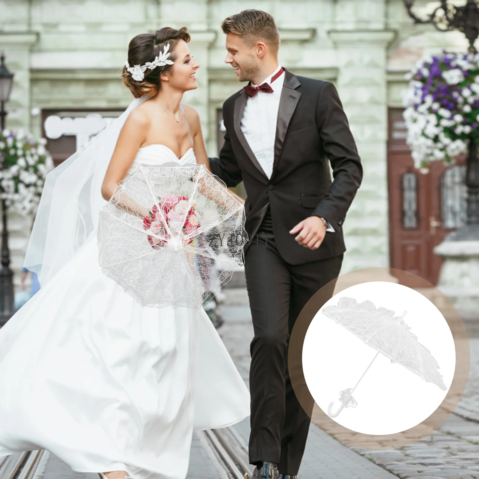 *فستان زفاف العروس البيضاء اليدوية مظلة الدانتيل القطن المظلة الزفاف الطفل التطريز