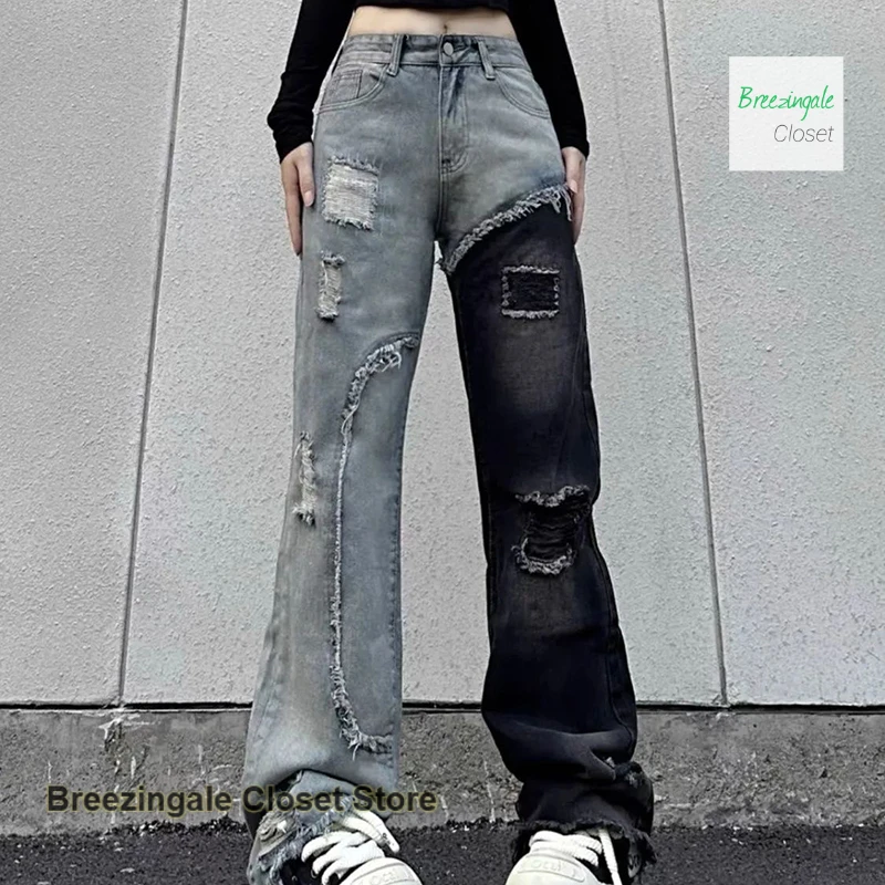 Retro-Nähte Jeans im amerikanischen Stil mit Löchern in Kontrastfarbe, gerade Damen-Herbst- und Wintermode-High-Street-Hosen
