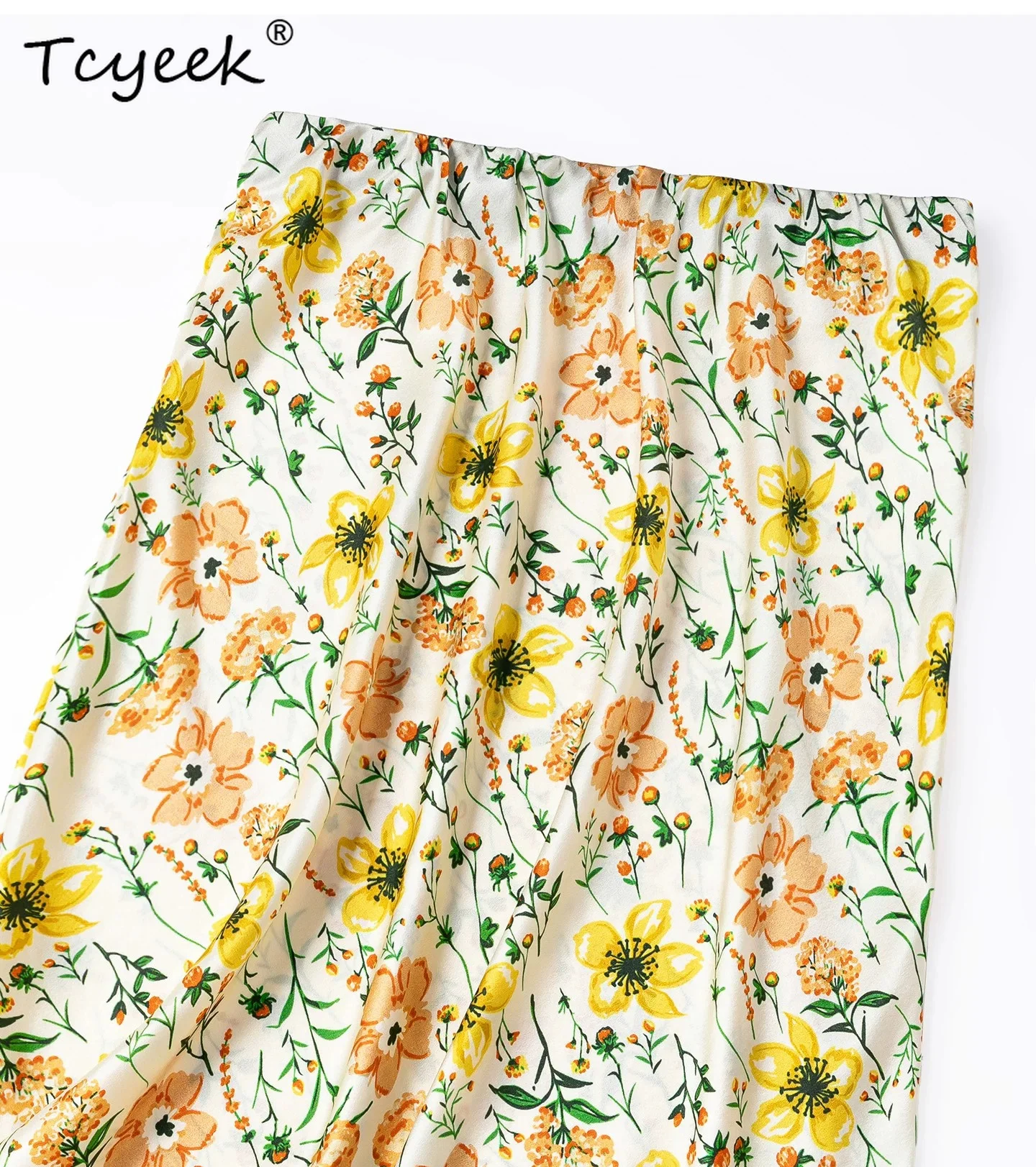 Tcyeek 93% Real Silk Womens Skirts Elegant Skirt for Woman Summer Clothes Bodycon Skirt Split Print Oblique Cutting Jupe Femme