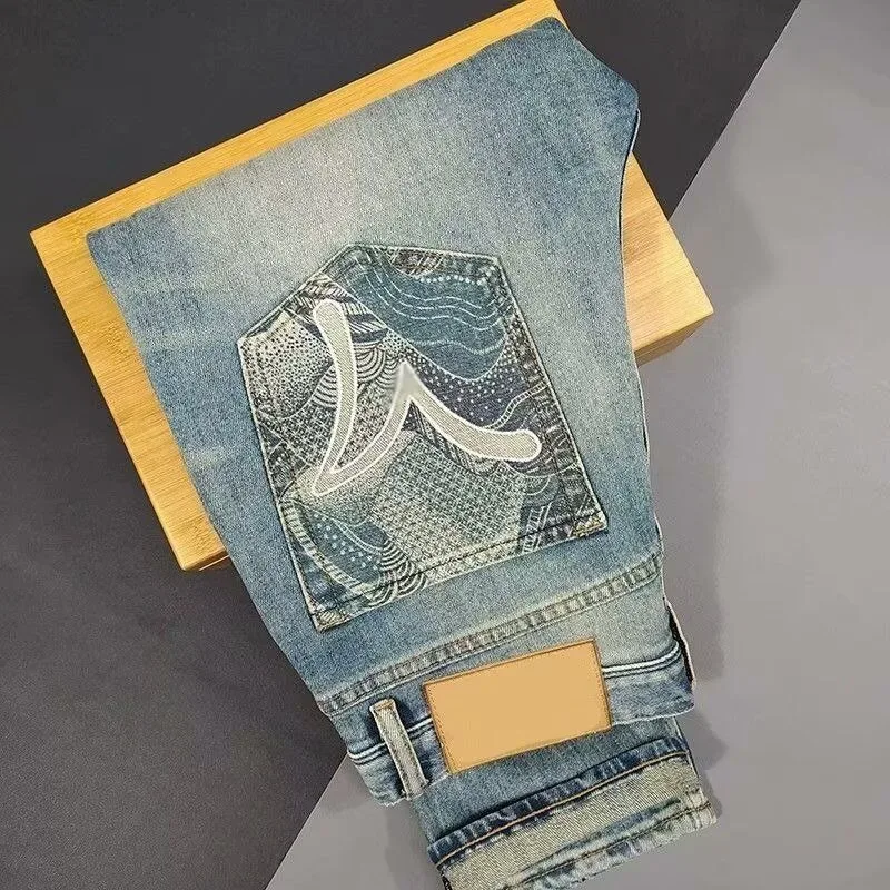 

American Style high quality Vintage Embroidered Trendy Jeans Men's Small Feet Fashion Brand Slim-fit Casual Stretch Pants