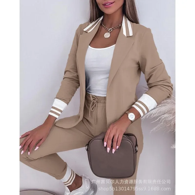 2024 Autumn Winter New Women\'s Striped Long Sleeve Suit Coat Drawstring Trousers Casual Suit Casual All-Matching