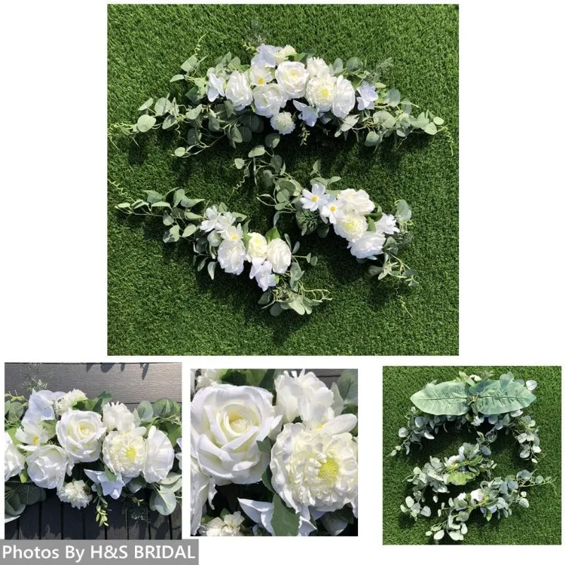 Wedding Arch Flowers,3Pcs Set White Rose Decorative Floral Swags, Artificial Greenery Eucalyptus Leaves Flower