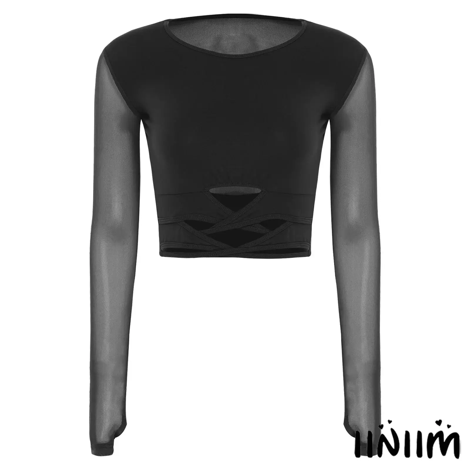 

Women Latin Ballet Dance Crop Tops Sheer Mesh Long Sleeve And Back Strappy Bottom Crop T-shirt for Samba Rumba Waltz Class Stage