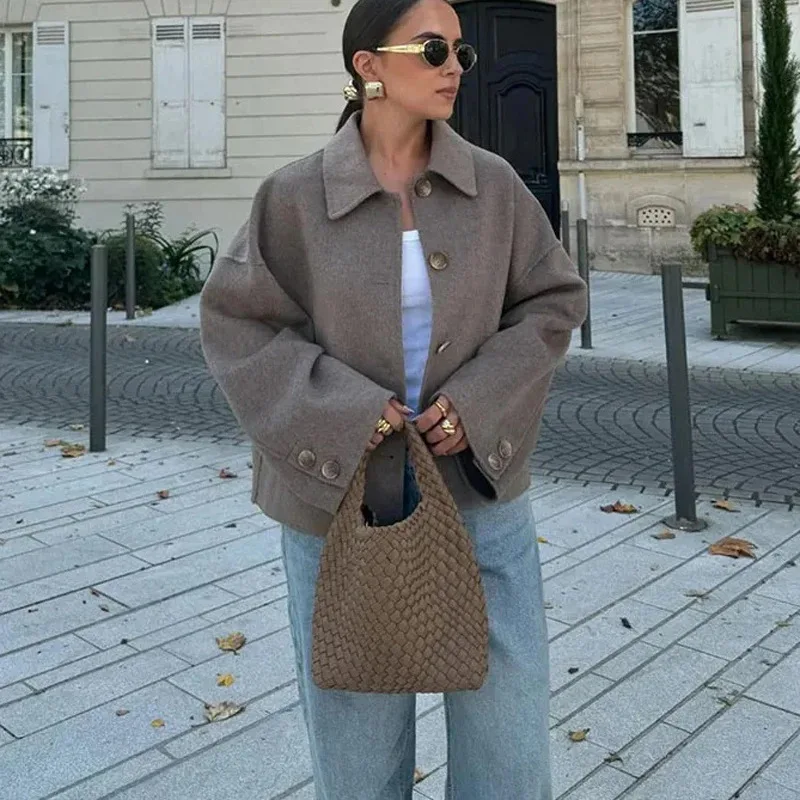Women's Elegant Brown Lapel Collar Single Breasted Button Oversized Loose Short Woolen Coat