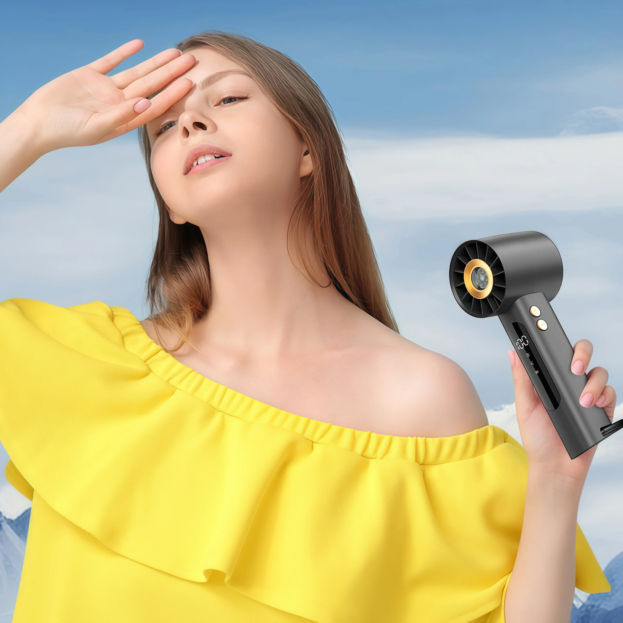 New Cross-Border Model Compass Handheld Violent Turbo Fan with 100-Level Stepless Speed Adjustment, Led Power Display, Desktop, Car, Camping, Outdoor Portable High-Speed Mini Fan