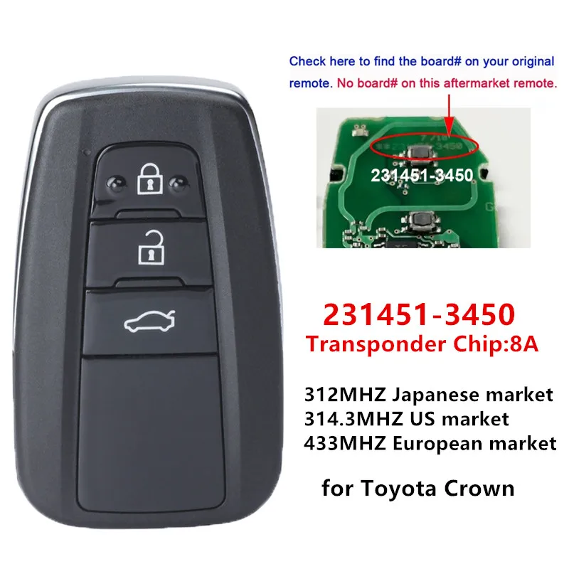 KEYECU Replacement SMART KEY PROXIMITY Remote Fob 3Buttons 312/314.3/433 MHz 8A For Toyota Crown 2015-2021 231451-3450 G Board