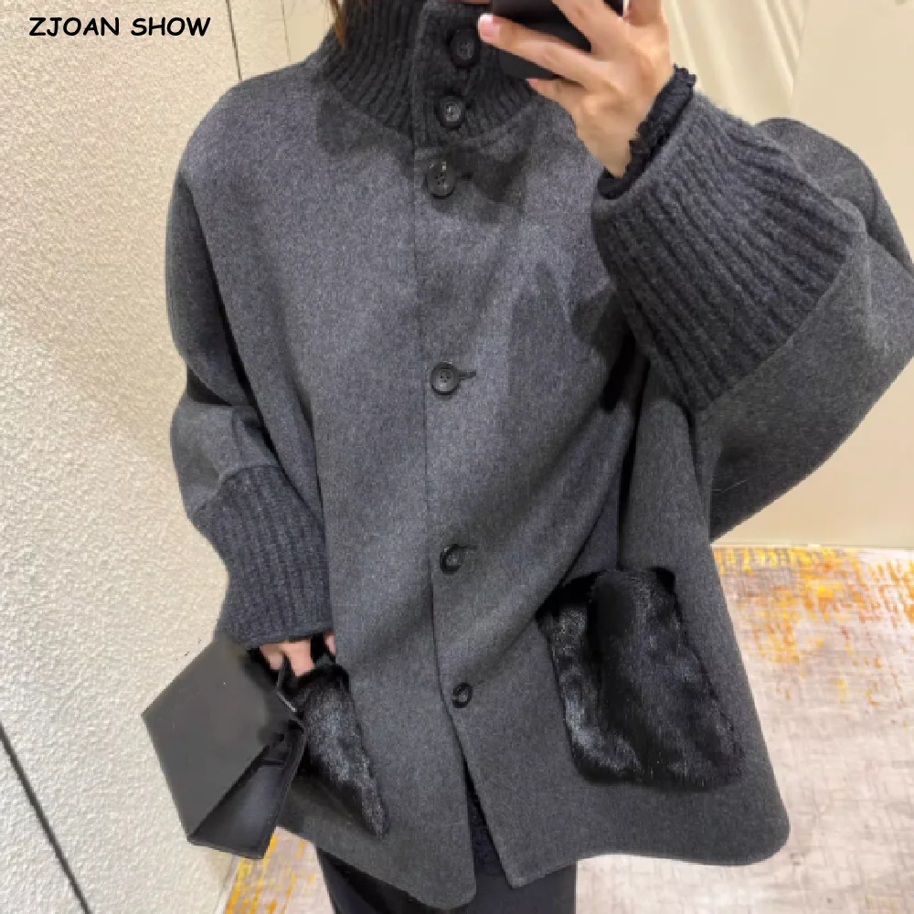 3 ألوان جديد الخريف الشتاء رمادي أشعث فو الفراء الجبهة جيب معطف الصوف المرأة الوقوف طوق أزرار مفتوحة ميدي خندق ملابس خارجية #1
