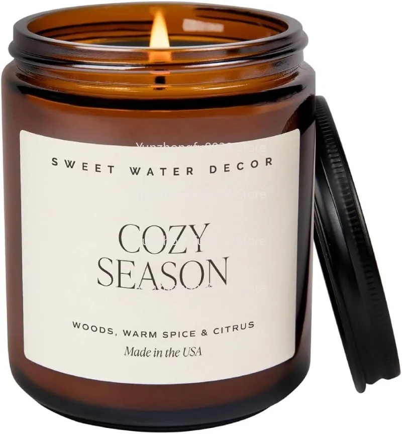 Warm Spice, and Citrus Scent for Home Decor - Soy Candle with 40 Hours Burn Time - 9Oz Black Lid Amber Jar Candles Fall Scents
