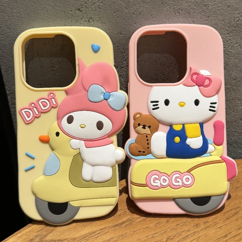 For iPhone 15 promax 14 Plus 13 12 Pro Max 11 XR Phone Case 3D Hello Kitty Melody Soft Silicone Cute Girls Gift Back Cover